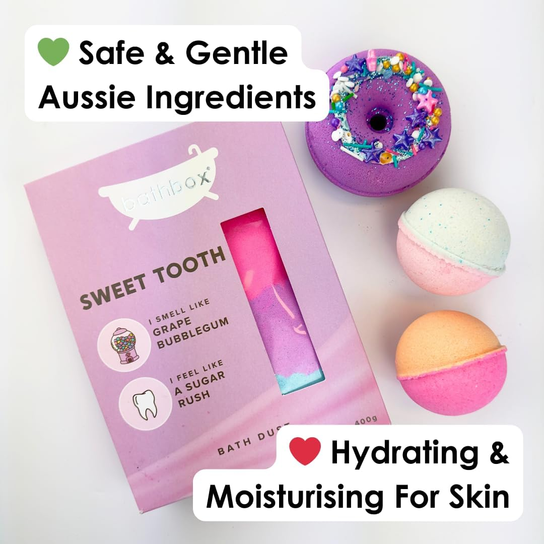 BATH BOX Bubblegum Gift Set, Bubble Bath Bombs, Bath Dust Soak, Natural & Handmade in Australia, Cotton Candy & Bubblegum, Fun Bath Fizz for Kids & Adults, 4 Piece Hamper Gift Box image number 3