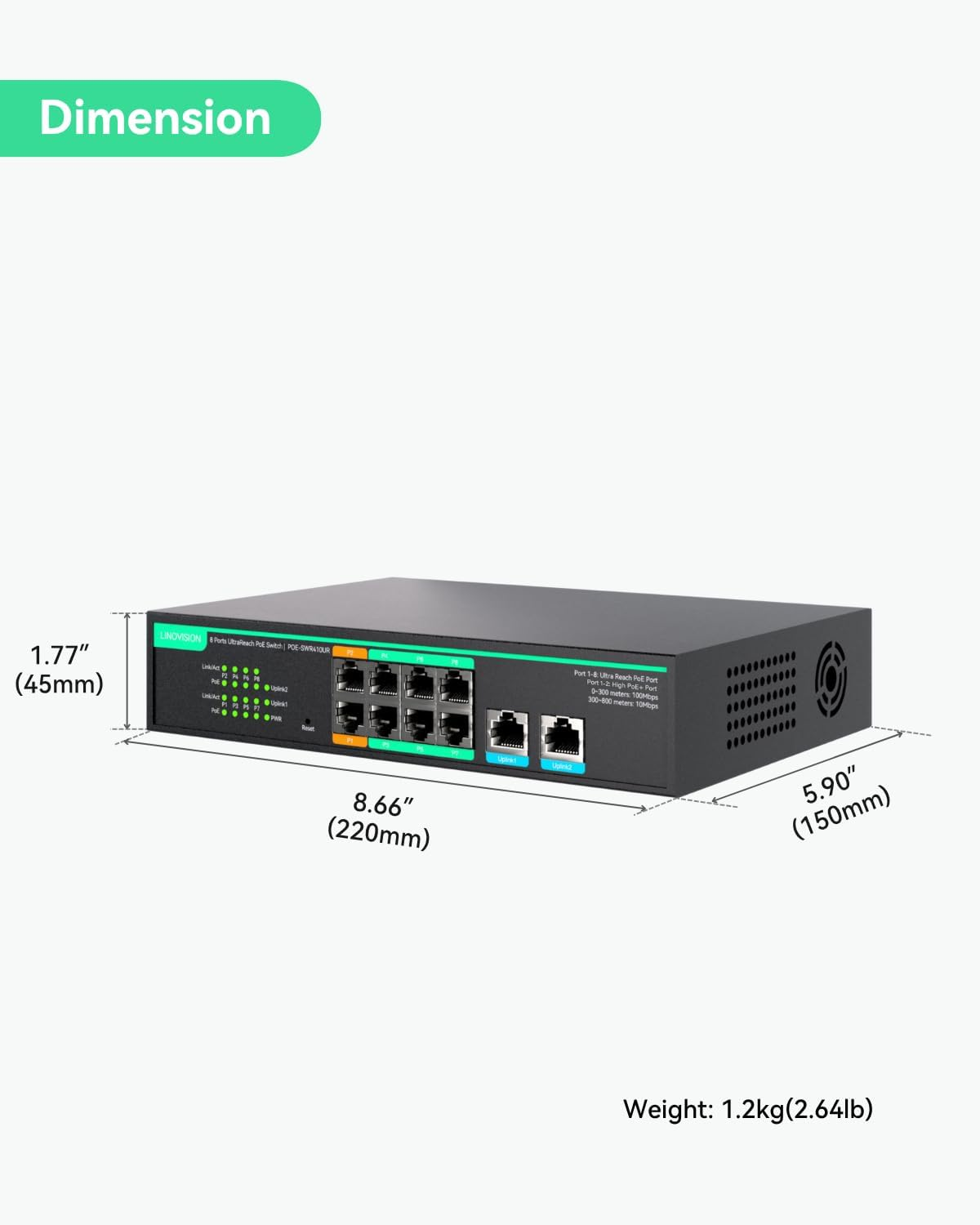 LINOVISION 8 Ports Ultrareach Poe Switch Max 2600Ft (800M) Long-Range Poe, 2 High Poe+ Ports, Remote Cloud Managed, Built-In 120W Power Supply for IP Cameras, PTZ, Access Points, and Voip Devices
