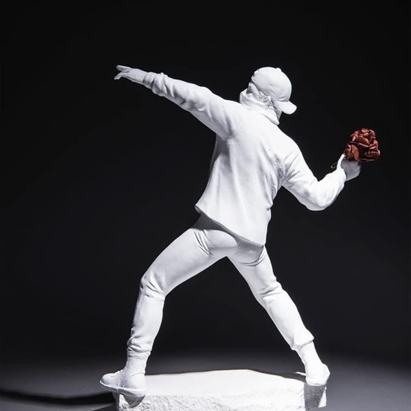 Banksy Flower Throwing Statue Flower Thrower Sculpture, Man'S Room Figurines Home Decor for Shelves, Resin Art Craft Desk Decoration Collection Ornament Gift (White) image number 3