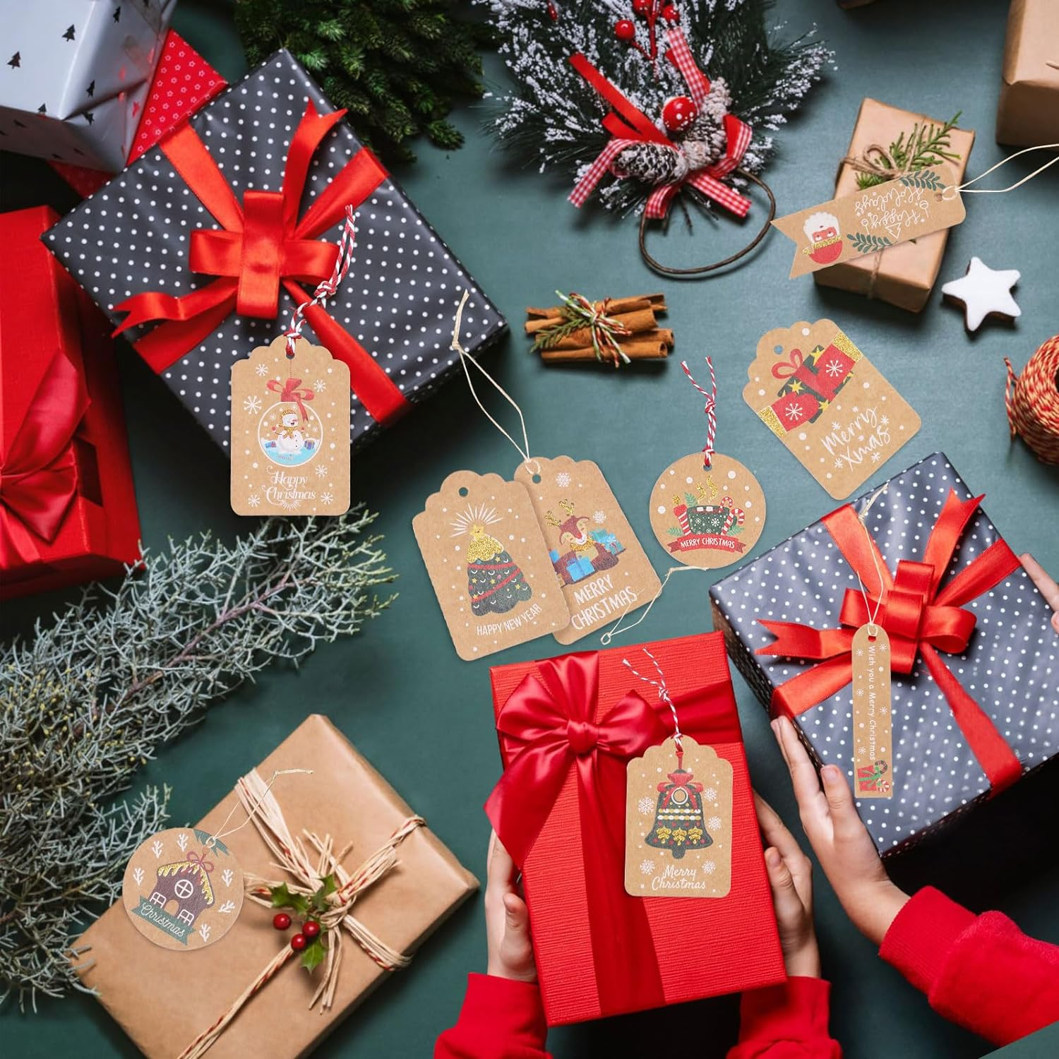 Hianjoo 110 Pcs Christmas Kraft Paper Gift Tags with Jute Twine, Xmas Gift Tags Parcel Tags Tree Present Hang Labels for DIY Homemade Holiday Present Wrap Stamp Label Package Name Tag, Golden - Silver image number 3