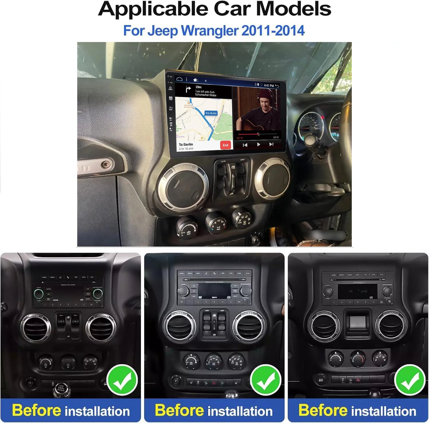 BXLIYER - 6G+128G - Android 14 IPS Car Stereo for Jeep Wrangler JK (2011-2014) - Wireless Carplay/Android Auto - Camera + MIC - 10.1 Inch 2 Din - DAB Steering Wheel Fast-Boot 360-CAM AHD GPS Head Unit image number 3