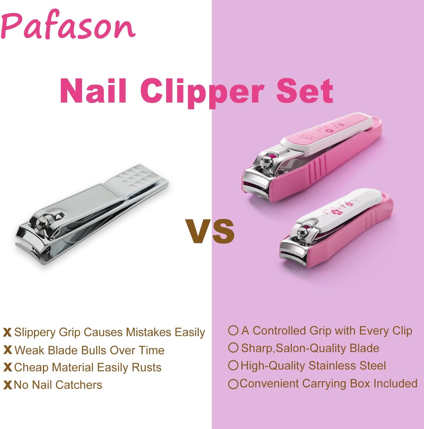 PAFASON Ultra Sharp Stainless Steel Nail Clipper Trimmer Cutter Set with Built-In Nail Catcher & Nail File 2 Pack Fingernail & Toenail Clippers for Men & Women - Pink image number 4