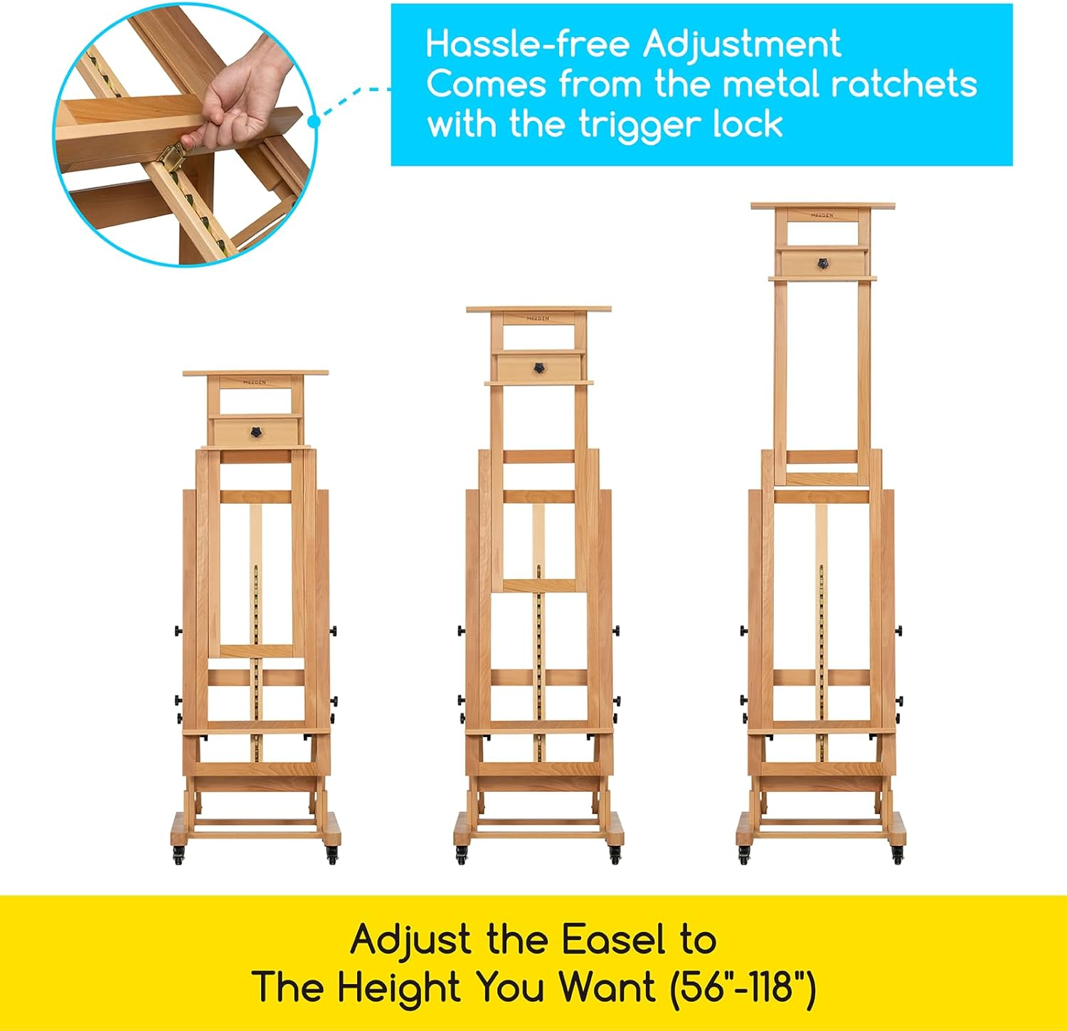 MEEDEN Movable Large H-Frame Painting Easel - Artist Studio Easel - Heavy Duty Art Easel Stand for Adults, Solid Beech Wood Easel, Holds Canvas Art up to 78.7" High - Walnut image number 5