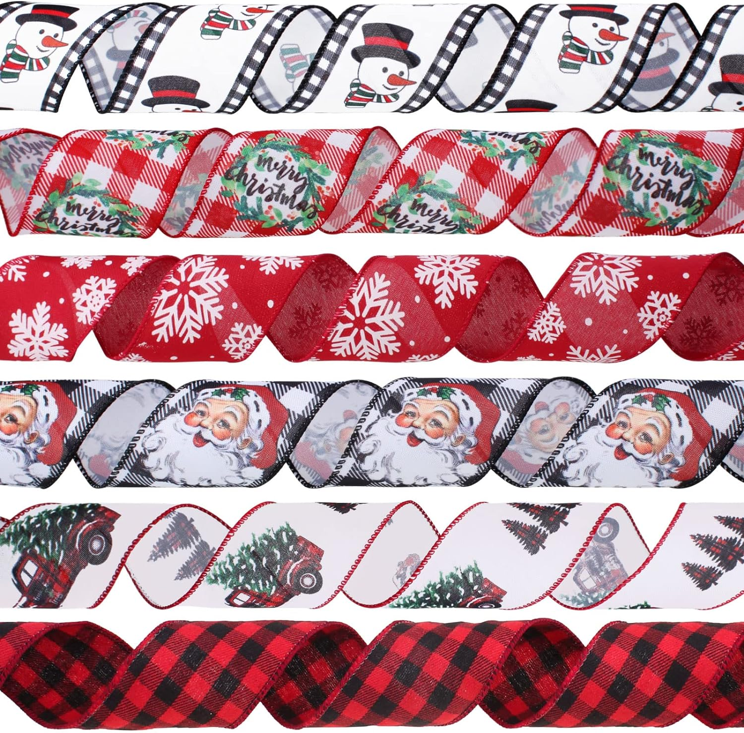 Vloso Christmas Ribbon Wired 2.5 Inch, 6 Roll 30 Yards - Santa, Snowman, Snowflake, Buffalo Plaid for Wreaths, Bows, Decor, DIY Crafts image number 4
