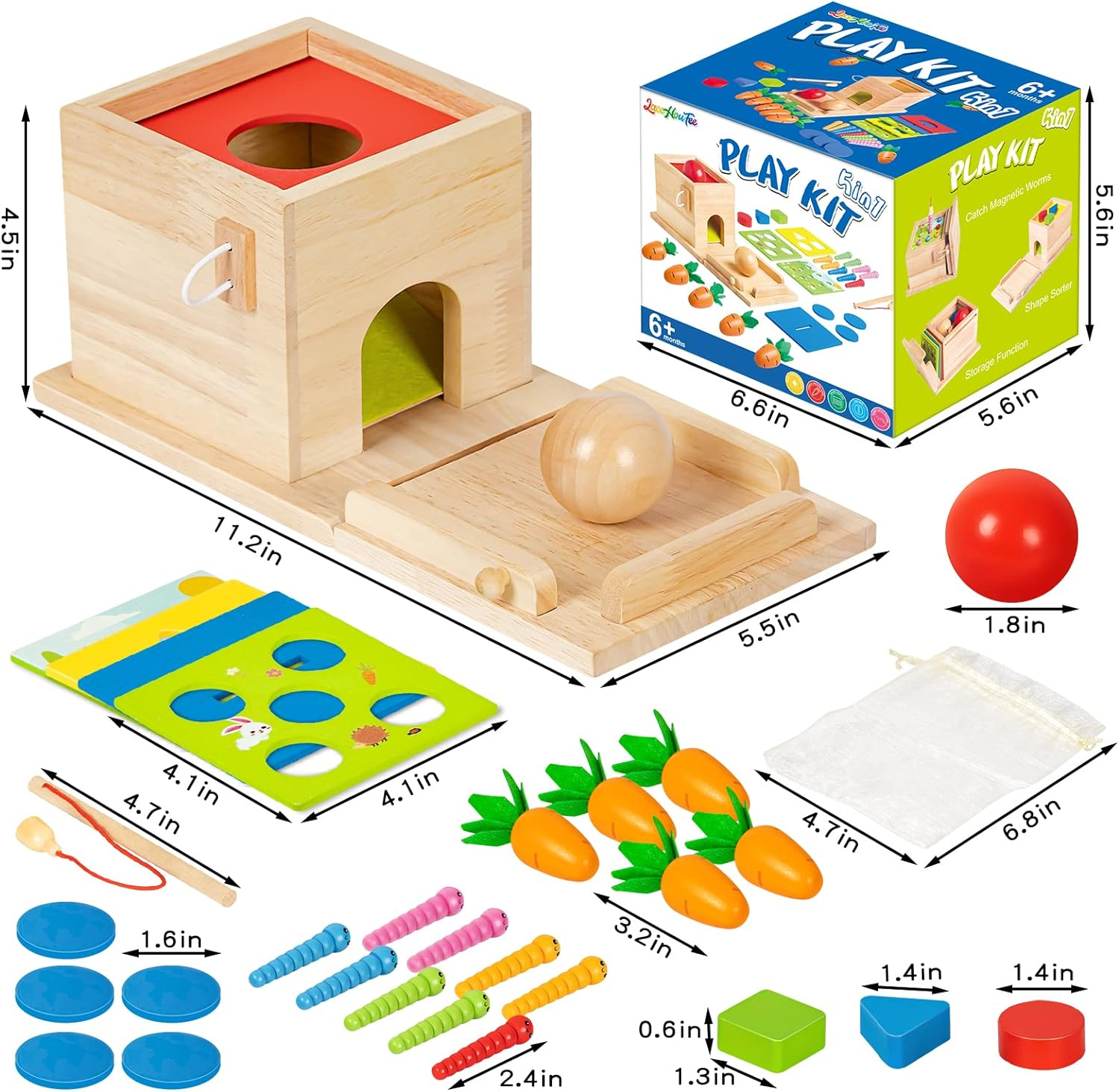 Wooden Montessori Toys for 1 Year Old, 5-In-1, Object Permanence Box, Coin Box, Carrot, Catch Worm, Shape Sorter, Learning Toy for Toddler Aged 1, 2, 3 Year Old Boys Girls
