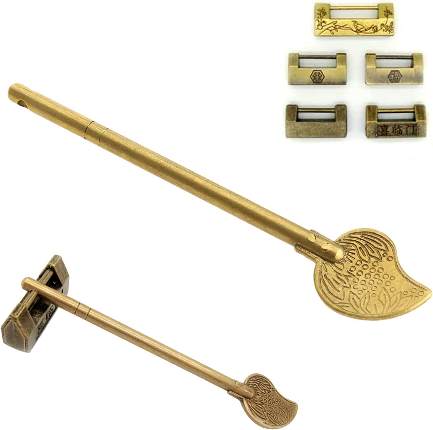 Dophee Chinese Leaf Bolt Locking Pin, Safety Pure Brass Key Latches Locking Arm Deadbolt for Asian Style Cabinet Door Chest Furniture Hardware Locking up Files, 11Cm/4.33" image number 5