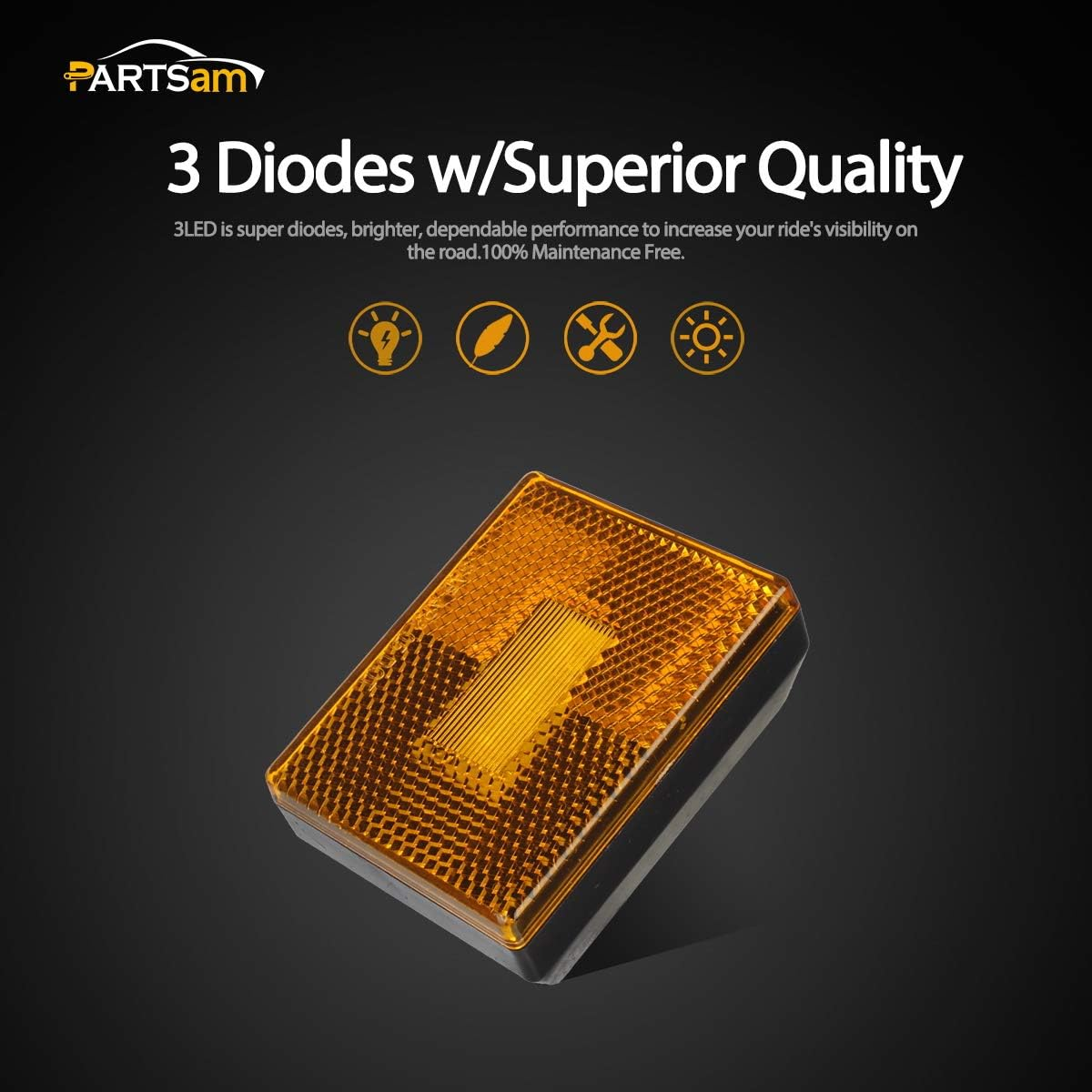 Partsam 4Pcs Trailer RV Amber Side Marker Lights W Reflex Reflector, 2-4/5" Rectangular Stud-Mount LED Clearance Lights for Utility Trailer Truck Camper image number 5