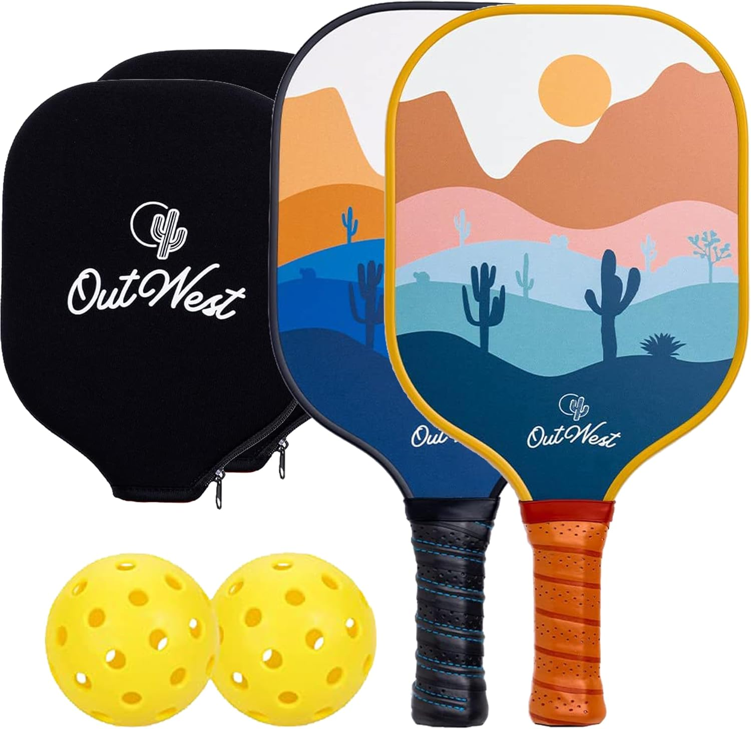 Outwest Sport Pickleball Paddle - Sunset/Sunrise Bundle | Graphite Carbon Face | Polypropelene Honeycomb Core | 2 Balls and 2 Covers Included | USAPA Approved