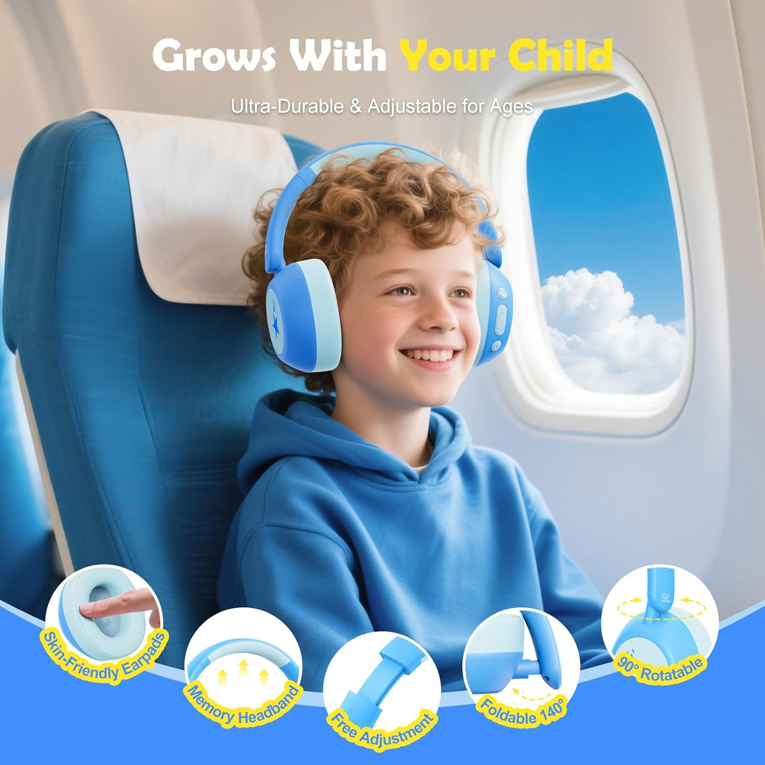 Nova1Star Active Noise Cancelling Headphones for Kids, 60H Play Time,Bluetooth6.0,3-Level Volume 75/85/94Db,Anc Safe Wireless Listen,Type C Fast Charging,With Mic,For School,Travel & Airplane (Blue) - Blue image number 2