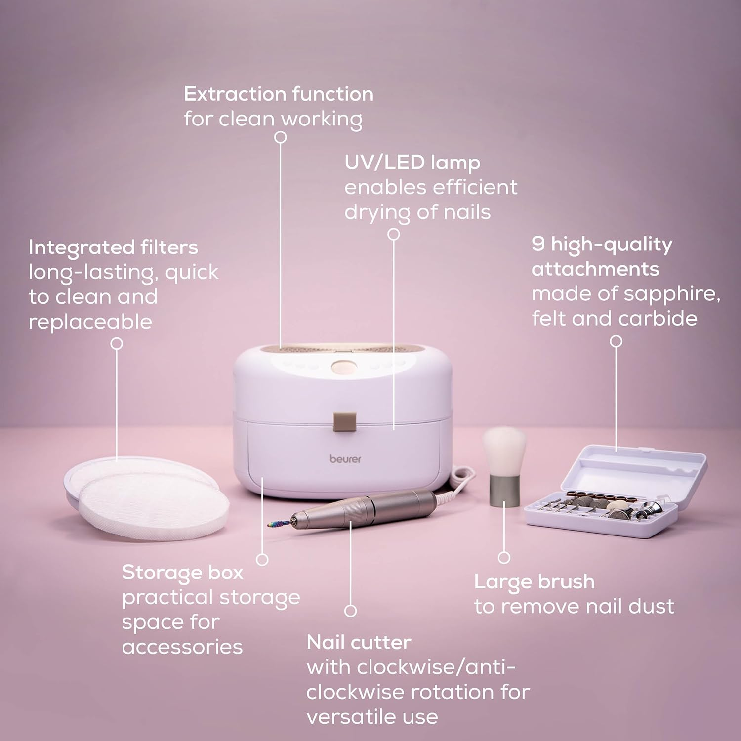 Beurer MP 200 Studionails Pro 3-In-1 Manicure / Pedicure Station, Nail Sander with UV/ LED Lamp & Dust Vacuum for Gel and Acrylic Nails, 9 Accessories image number 6