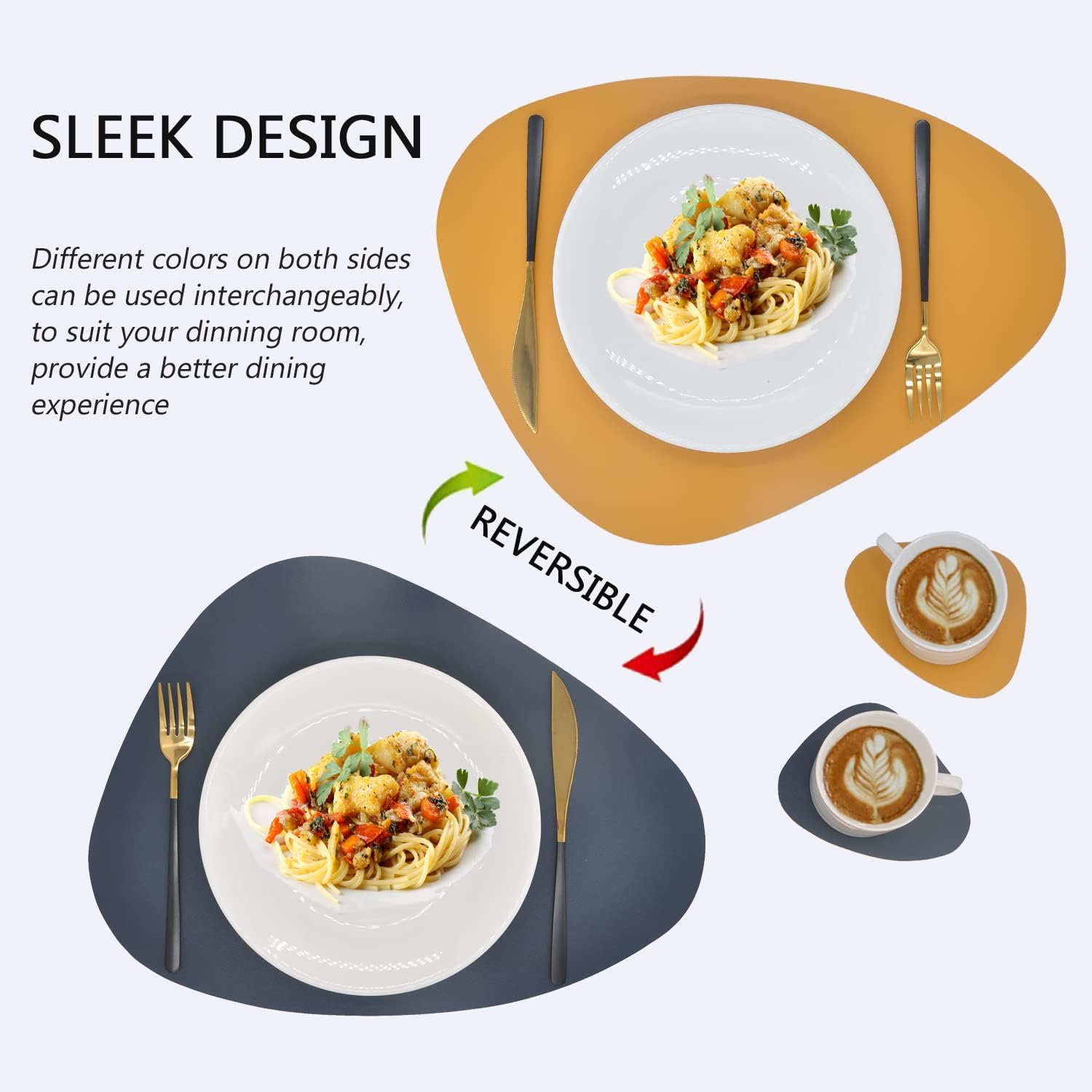 Faux Leather Placemats and Coaster Sets of 4 round - Washable Non-Slip PU Table Mat Wipeable Hot Resistant Place Mats for Kitchen Table (Blue-Yellow, 4) image number 5