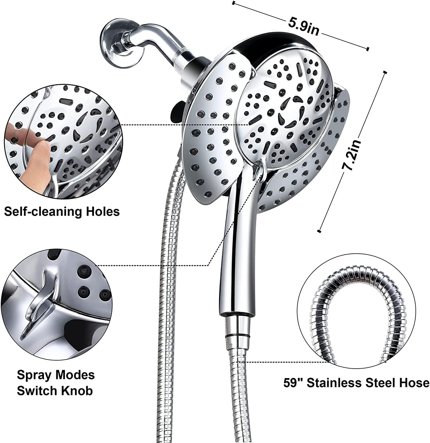 Liwcho Shower Head with Handheld Spray Combo, 2 in 1 Rainfall Shower Head with Handheld Combo High Pressure Shower Head, 9 Spray Modes/Settings Detachable Shower Head with 50 Inch Hose image number 6