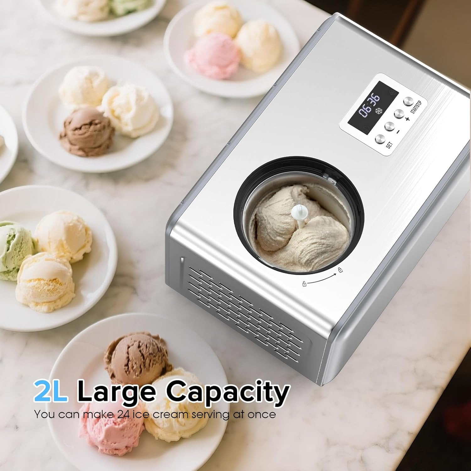 Advwin Ice Cream Maker with Built-In Compressor, 2L Frozen Yogurt & Gelato Machine, Sorbet Maker with LCD Display, 3 Modes, 2-Hour Keep Cool Function image number 6