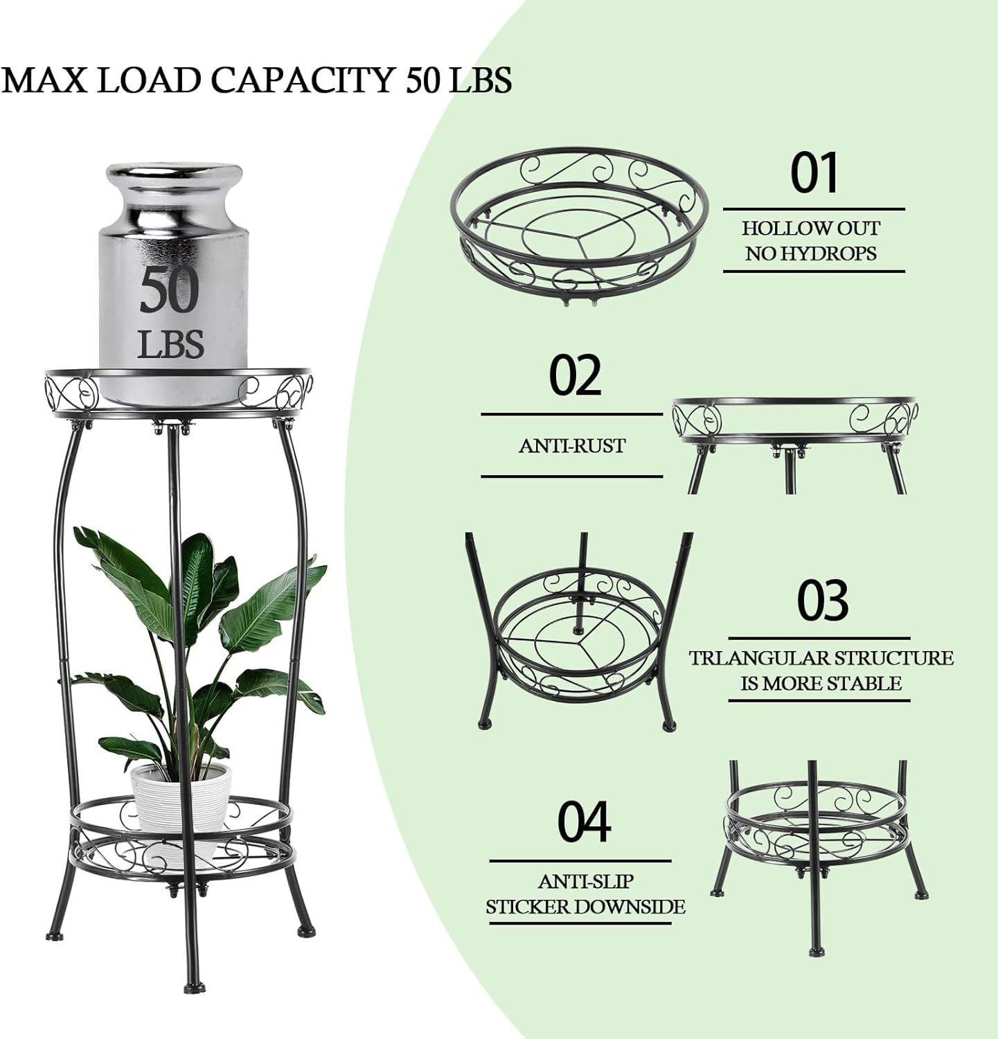 2-Tier Plant Stand, Tall Black Metal Plant Rack for Indoor & Outdoor, Rustproof and Stable Flower Pot Holder, Heavy Duty 69Cm Shelf for Multiple Plants image number 3