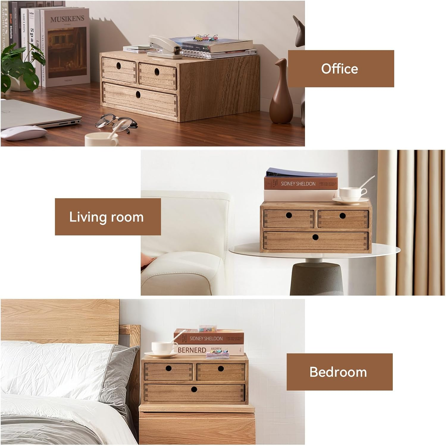 Kirigen Wooden Desktop Organizer - Office Supplies Filing Tidy Storage Shelf - Storage Cabinet/Jewelry Organizer with 3 Drawers(Br, 2-Layer &3 Drawers) image number 3