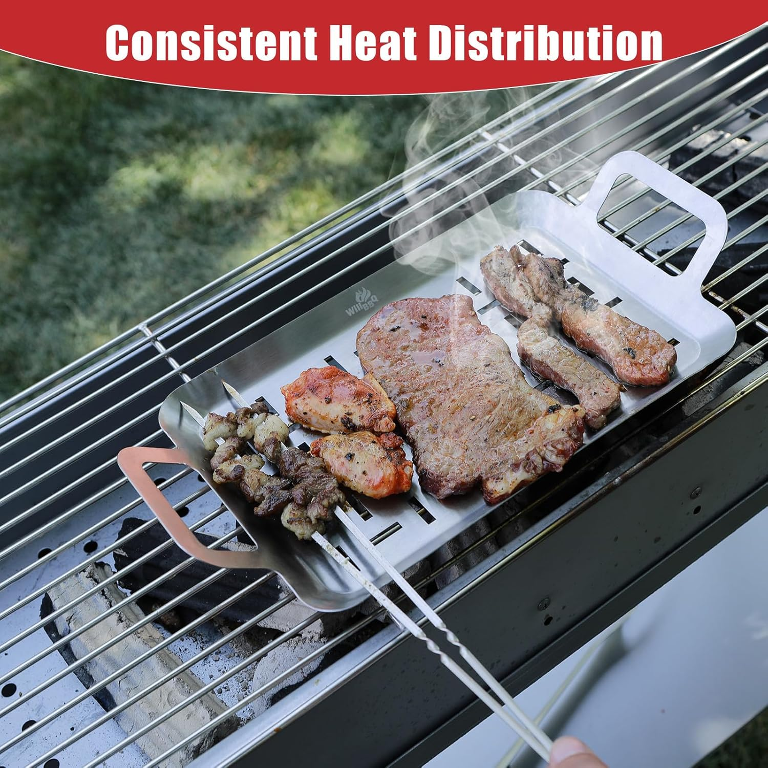 Willbbq Heavy-Duty BBQ Grill Plate Topper &ndash; Stainless Steel Tray with Handles for Grilling, BBQ, Outdoor & Kitchen image number 4