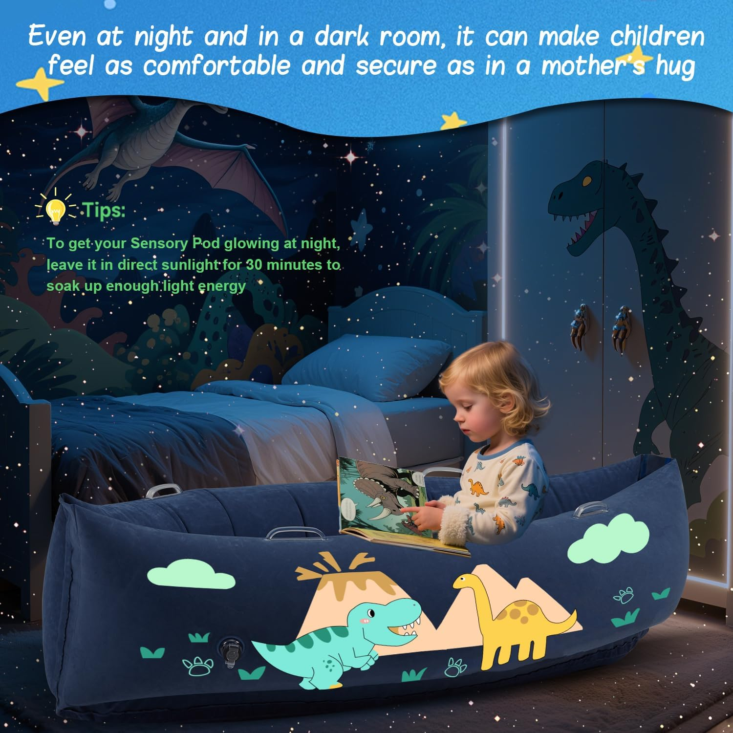 Sensory Chair for Kids, 60" Inflatable Sensory Peapod for Autistic Children, Includes Electric Pump & 3 Sensory Balls, Full Body Calming Pressure, Glow-In-Dark(Dinosaur) image number 5
