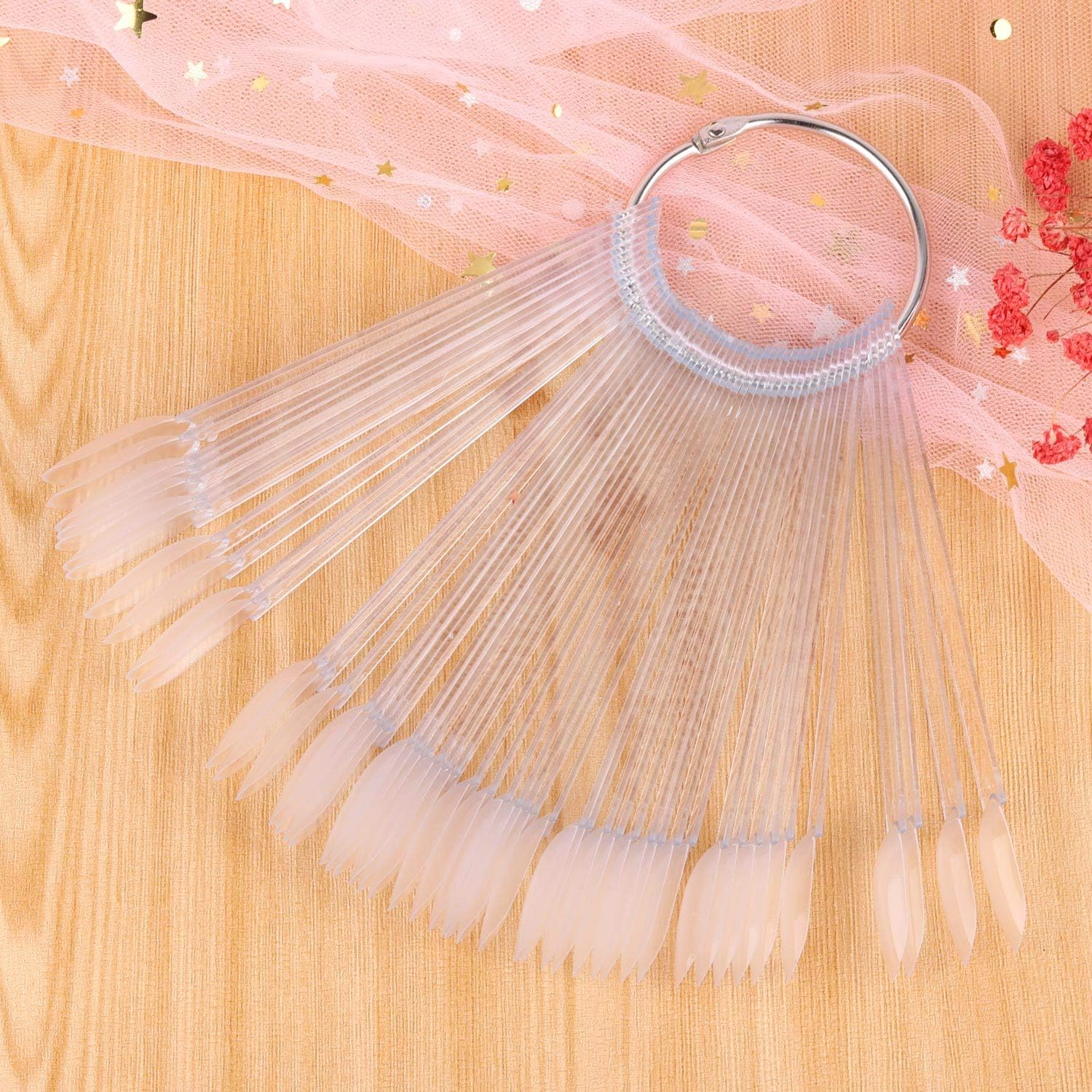 200 Pcs Transparent Nail Swatches Sticks, Fan-Shaped PVC False Nail Art Tips Display Practice Sticks Tool with Metal Split Ring Holder - Transparent image number 2