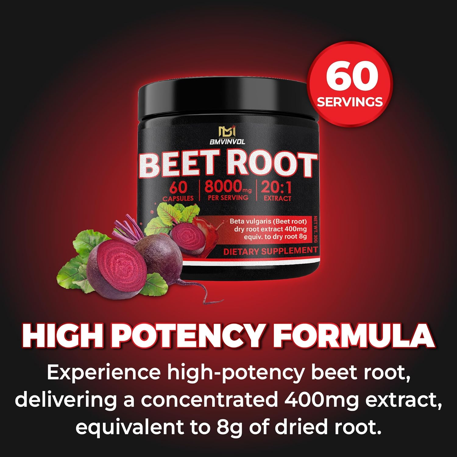 Beet Root 8000 Mg Strength 20:1 Extract | 60 Vegan Capsules | Non-Gmo | Gluten Free Formula | High Potency Herbal Extract Supplement image number 5