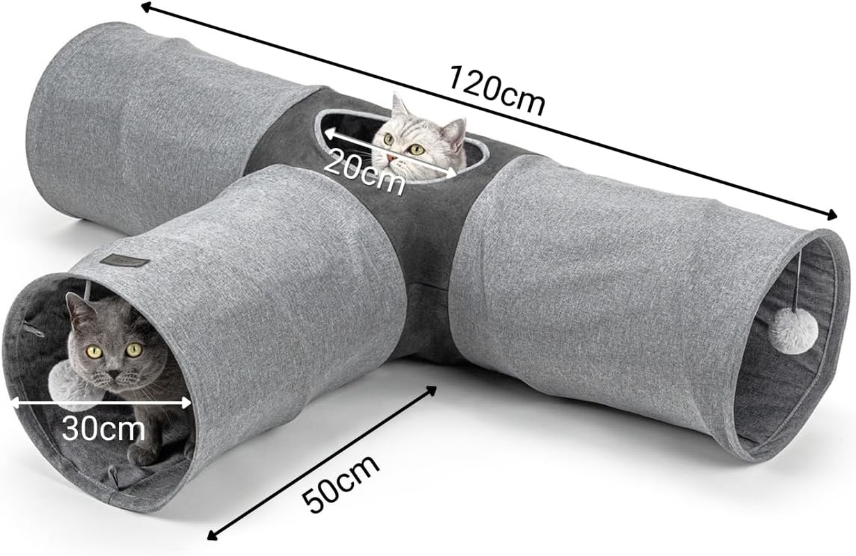 Lionto 3-Way Cat Tunnel with Play Ball, 30 X 120 X 80 Cm, Foldable Expandable Play Tunnel Made of Easy-Care Faux Linen Material for Cats, Robust Cat Toy, 30 Cm Diameter image number 1