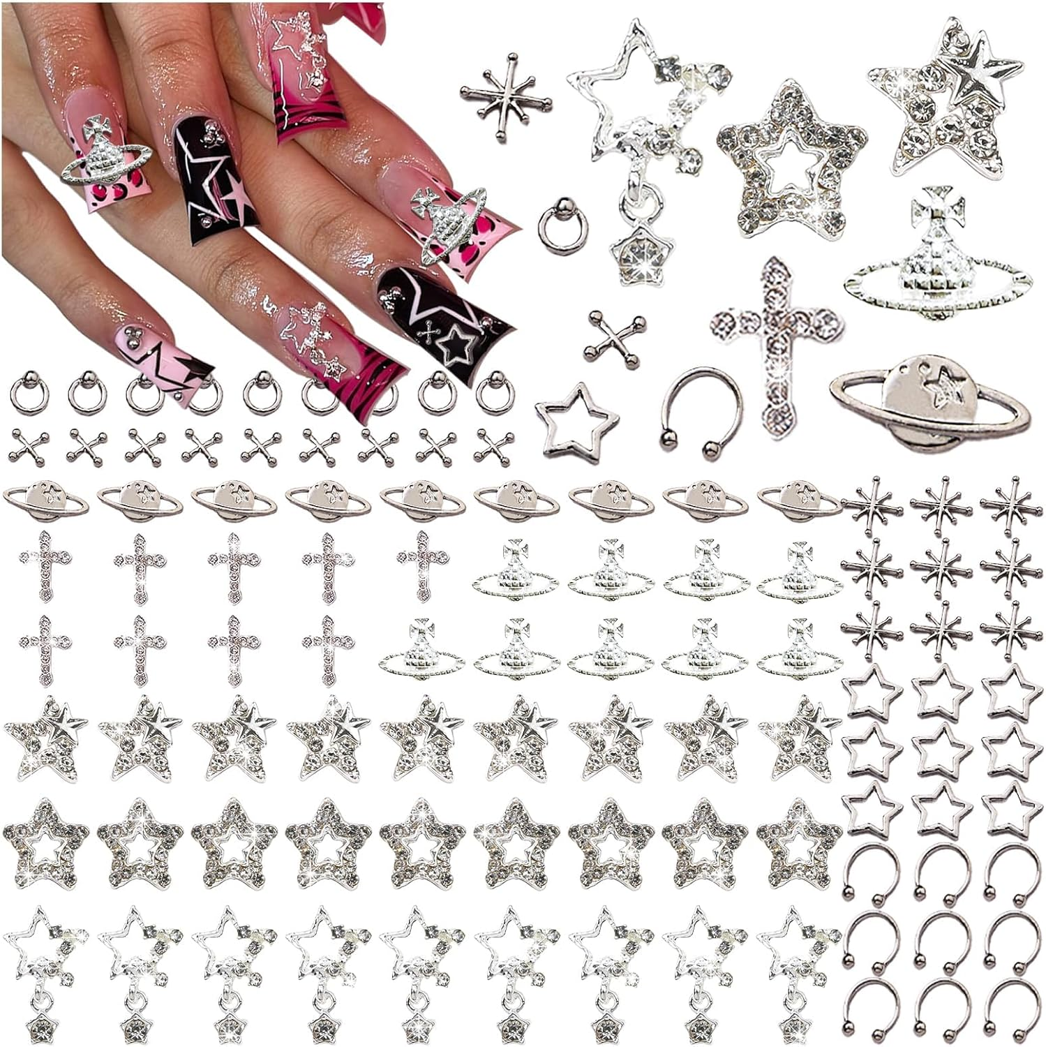 110Pc Star Nail Charms, Silver Star Planet Cross Alloy Nail Art Decoration image number 2
