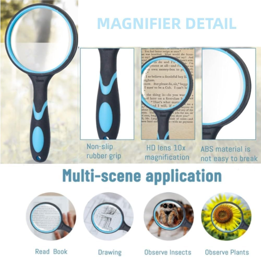 10X Magnifying Glass, Handheld Magnifier,75Mm Large Real Magnifying Glass Lens for Book Newspaper Reading, Classroom Science Insect and Hobby Observation image number 5