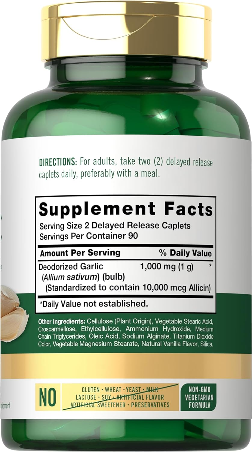 High Allicin Garlic Supplement 500Mg | 180 Caplets | Odorless Garlic Pills | Vegetarian, Non-Gmo, Gluten Free | by Carlyle image number 6