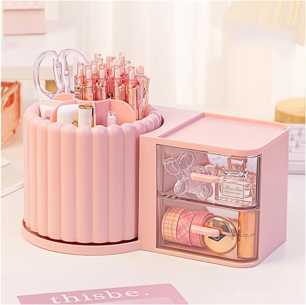 STORICANS 360 Rotating Makeup Brush Holder 7 Slots Makeup Brush Organiser with Drawer Removable Spinning Cosmetic Storage Pen Holder for Vanity, Dresser, Desk,Pink image number 6