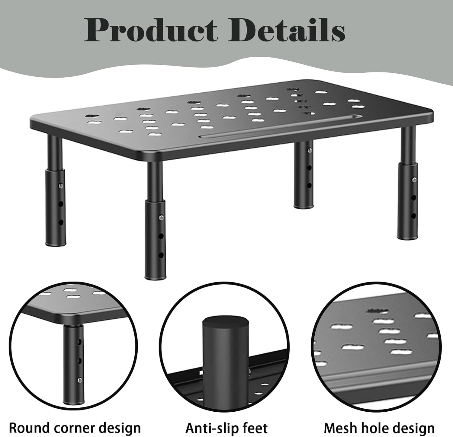 1 Pack Black Metal Monitor Stand Riser, 3 Height Adjustable Monitor Riser with Mesh Holes, Metal Shelf Holder Screen Floor Stand Riser Metal Platform for Computer, Laptop, Printer image number 5