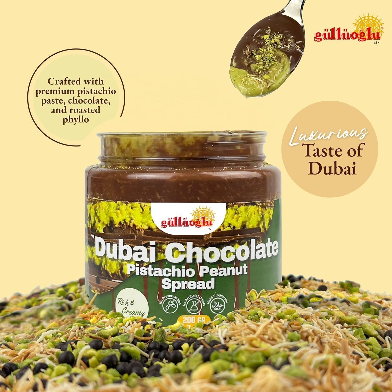 Gulluoglu Dubai Chocolate Pistachio Peanut Spread &ndash; Rich & Creamy Middle Eastern Chocolate Paste with Roasted Pistachios & Peanuts, 7 Oz (200G) Jar &ndash; Gourmet Halal Dessert image number 4
