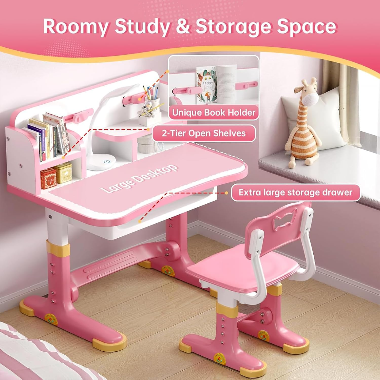 Kids' Desk Chair Sets,Adjustable Height Children Kids Study Desk and Chair Set, Multifunctional School Student Writing Study Table and Set with Storage Drawer,Pink image number 3