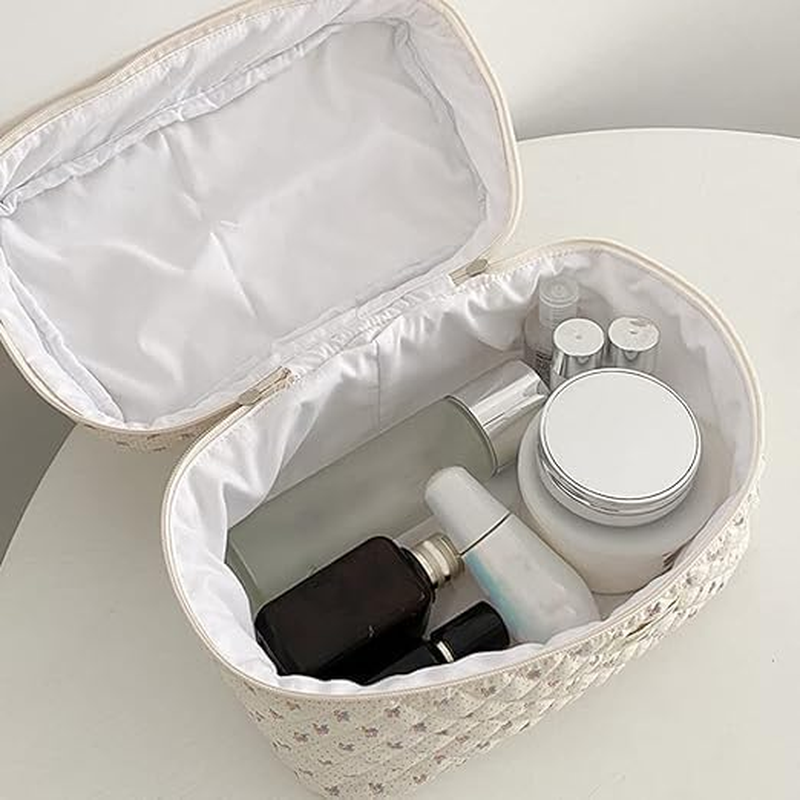 Makeup Bag Floral Cotton Large Travel Cosmetic Quilted Pouch Coquette Aesthetic Toiletry for Ladies Girl Multifunction Storage Bag, Beige, (YJL-DRLSHHZB-01) - Blue-01 image number 3