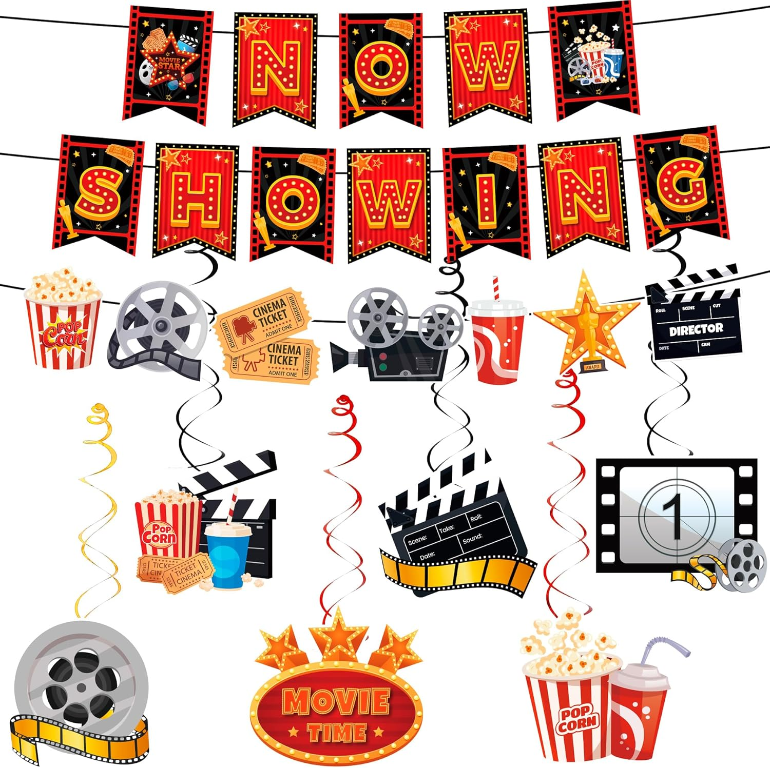 Movie Night Party Swirl Banner, 8Pcs Movie Night Birthday Party Decorations Set -Hanging Swirl & Now Showing Banner for Theme Decorations image number 5