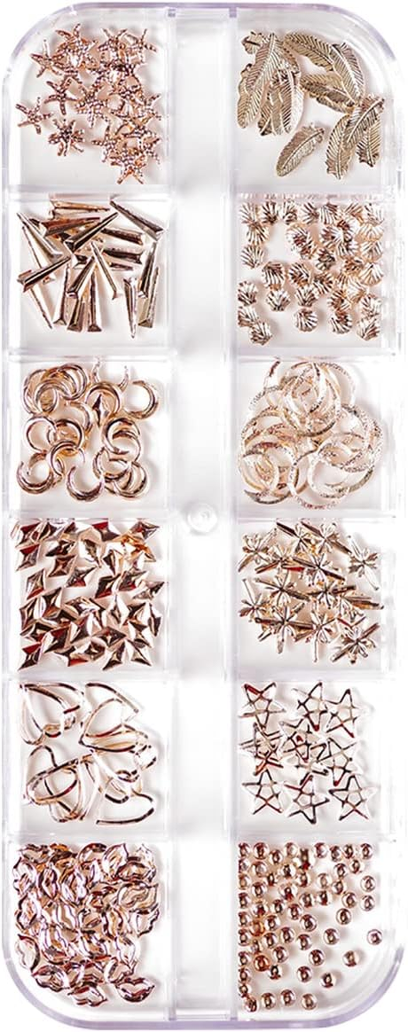 Nail Charms Studs Sparkle Metal Nails Art Rivet Kit Mix Shapes DIY Irregular Manicure Accessories for Feather Star Moon Shell Heart - Rose Gold