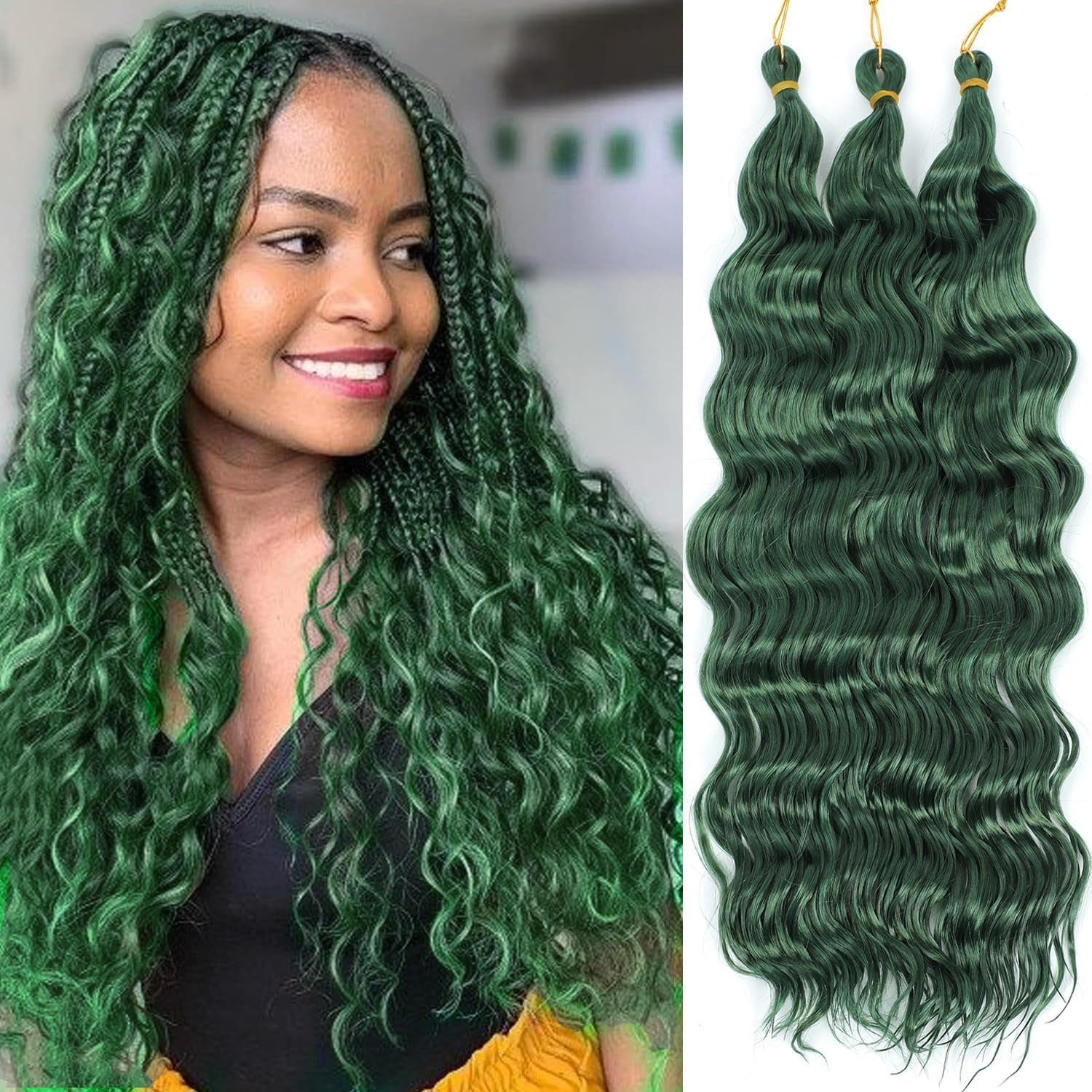 Ocean Wave Crochet Hair 18 Inch 3 Packs Deep Wave Braiding Hair Curl Crochet Synthetic Braids Hair Extension for Women (Green #, 18 Inch 3 Packs) image number 3