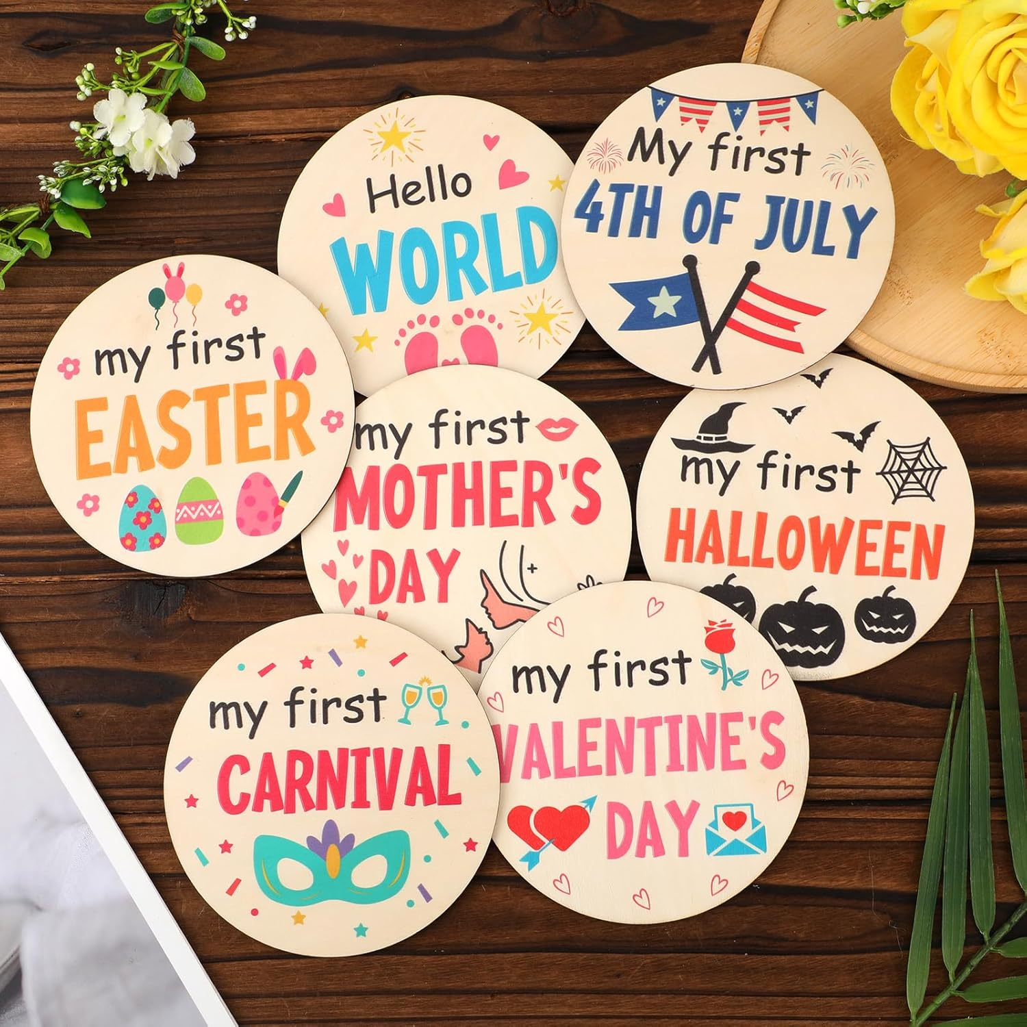 7Pcs My First Holiday Baby Milestones Cards, My 1St Signs of 14 Holidays Wooden Circles New Baby Sign Double Sided Baby Announcement Sign Photo Props for Baby Shower Party Supplies Gift image number 1