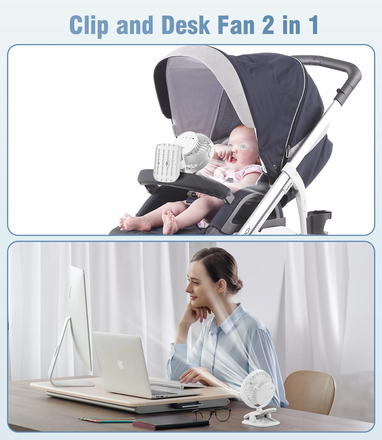 Battery Operated Clip on Fan and Desk Fan 2 in 1, Rechargeable Battery Fan Portable Baby Stroller Fan, USB or Battery Powered, Small Personal Fan for Camping, Tent, Car, Dorm (White) image number 2