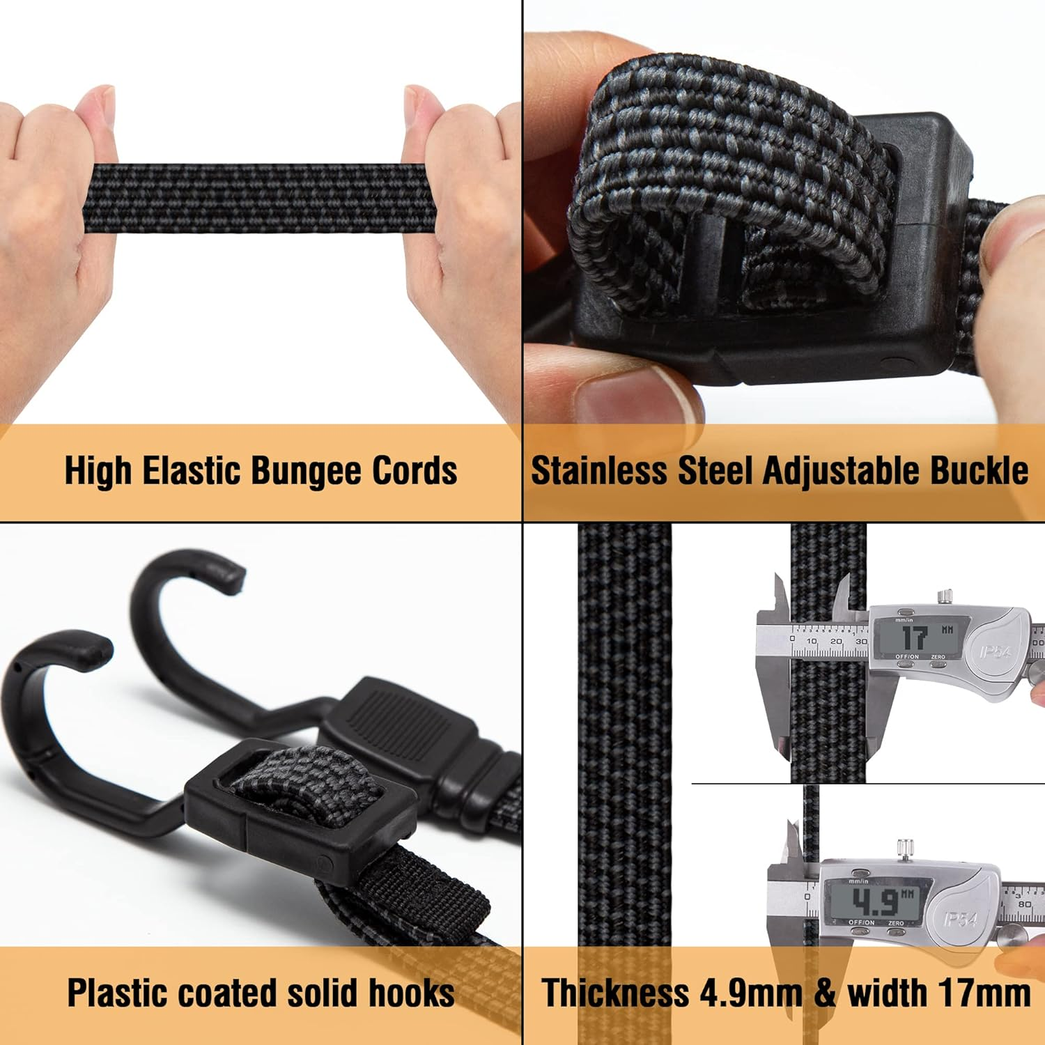 Rugtol Bungee Cords with Hooks, 200Cm Long Adjustable Flat Bungee Cords with Hooks Heavy Duty, Rubber Black Bungee Straps with Metal Buckle Hooks for Outdoor, Camping, Tarps, Bike Rack, Tent, 4 Pack