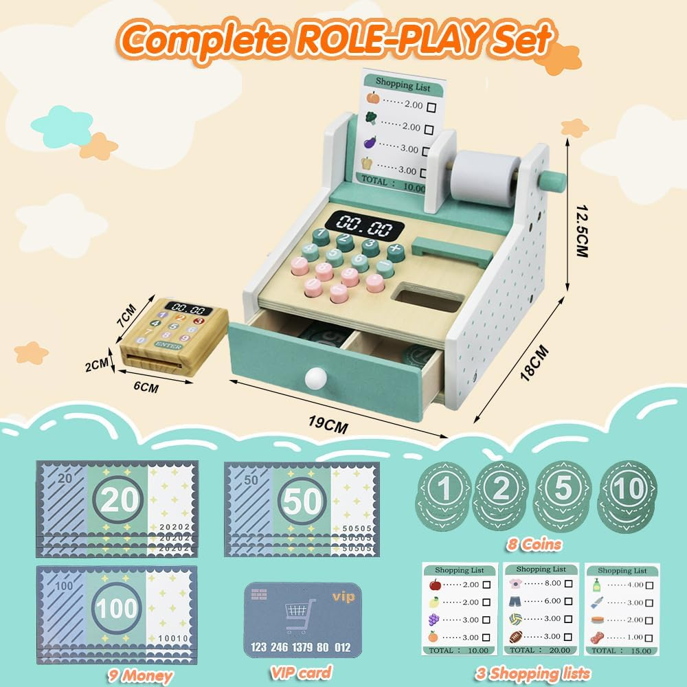 Wooden Cash Register Toy for Kids, Pretend Play Set with Scanner, Card Reader, Play Money & Shopping Lists, Ideal for Birthdays & Festivals, for Boys & Girls Ages 3+ image number 4