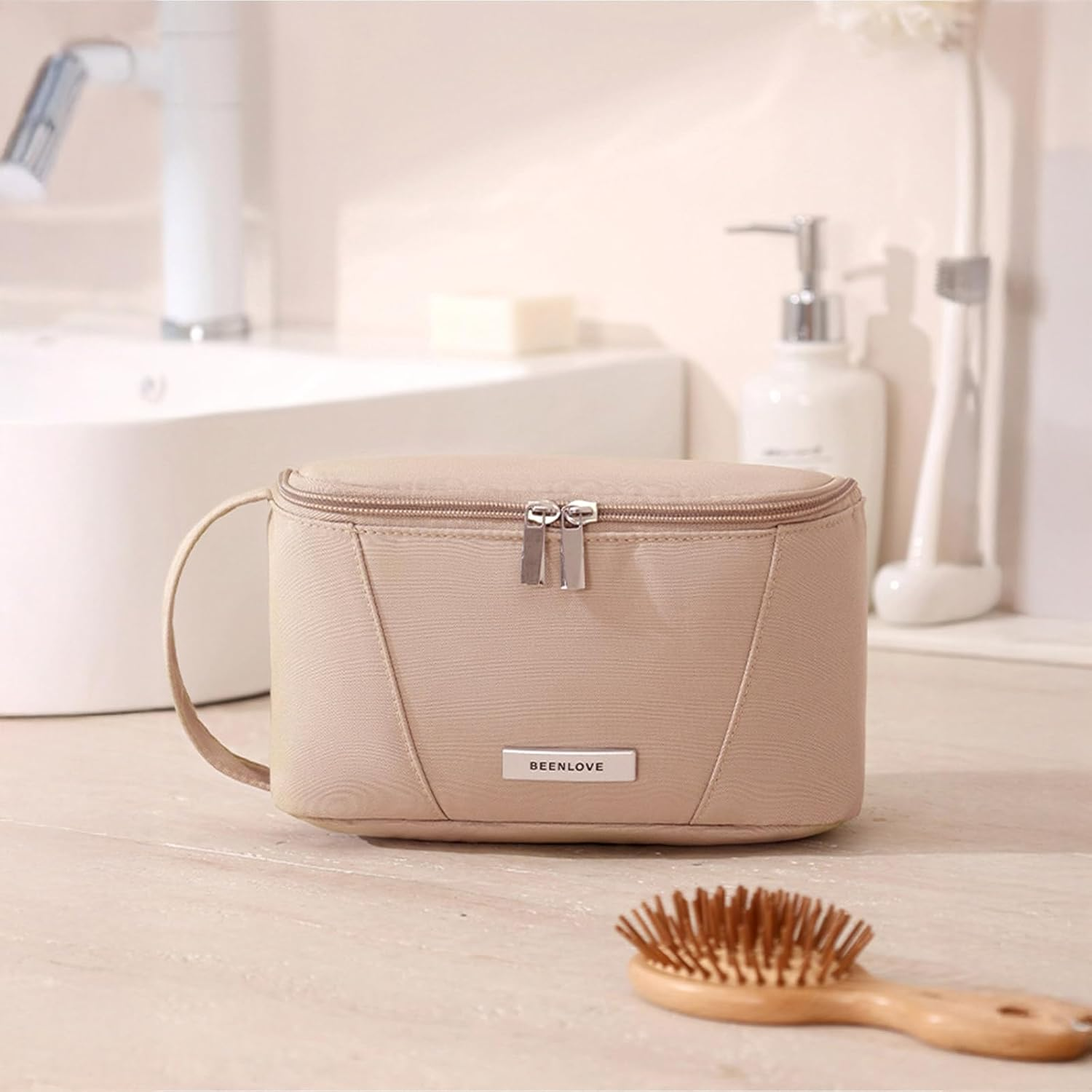 Supcomsta Makeup Bag,Large Capacity Storage Cosmetic Bag Waterproof for Women Travel Toiletry Bag Skin Care Cosmetics Toiletries (Khaki) - Pink image number 6