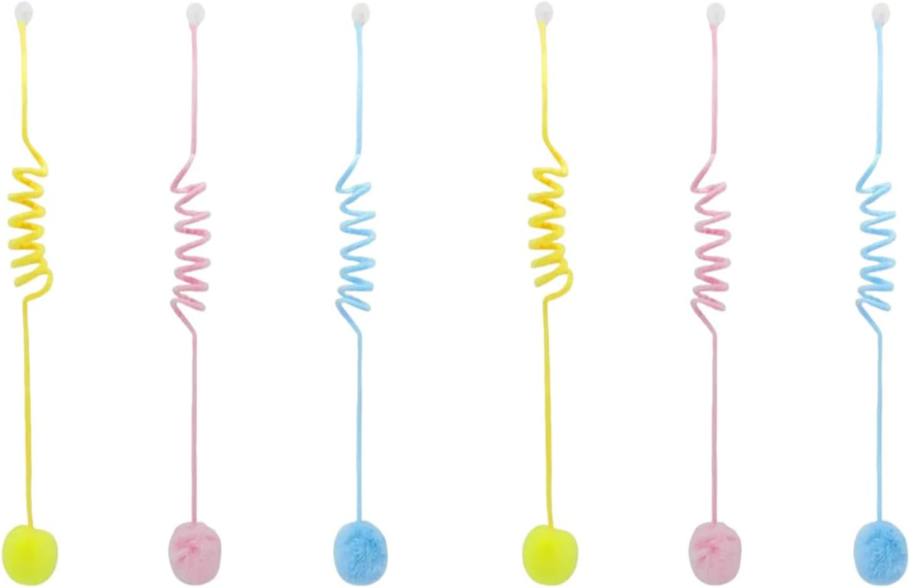 Suction Cup Cat Toys 6 PCS Interactive Play Spring Pom Ball Interactive Cat Play Set with Bell and Adjustable Cord for Indoor Kittens Adult Cats(Pink&Yellow&Blue) image number 2
