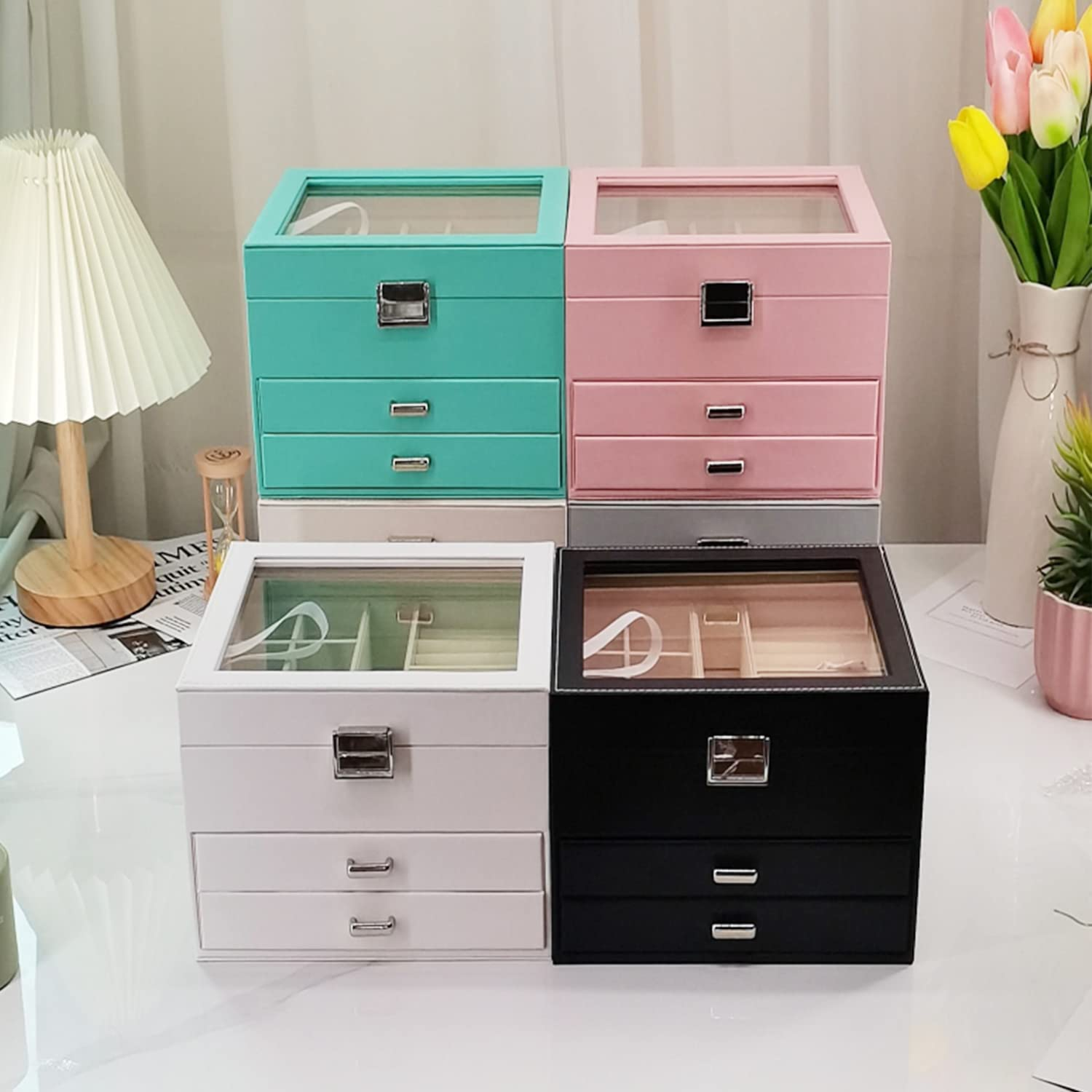 Jewelry Box with Glass Lid, 3-Layer Jewelry Organizer with 2 Drawers for Loved Ones Gifts, Pink image number 5