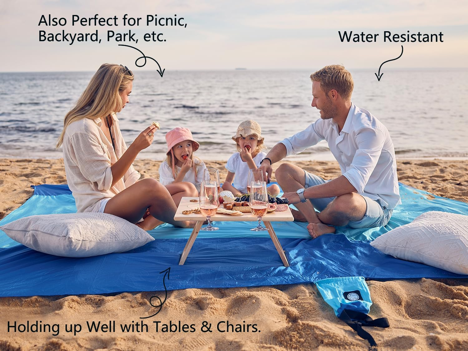 Wekapo Beach Blanket Sandproof, Beach Mat, Big & Compact Sand Free Mat Quick Drying, Lightweight & Durable with 6 Stakes & 4 Corner Pockets, Standard (1~3 Person)