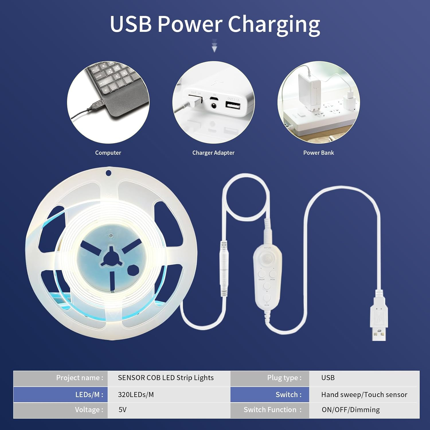 Clearhill 5V USB Motion Sensor Dimmable Flexible LED Strip Lights,9.84Ft/3M,Cool White 6500K Bright Lights,8Mm Width,320Leds/M,Not Waterproof IP 20,For Closet Light Bedroom Cabinet Stair