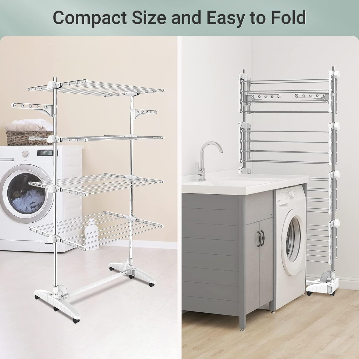Todeco - Laundry Drying Rack, Clothes Airer - Material: Stainless Steel Tubes - Maximum Load: 6.7 Lbs per Support Bar - 4 Shelves, White, with Wings image number 5