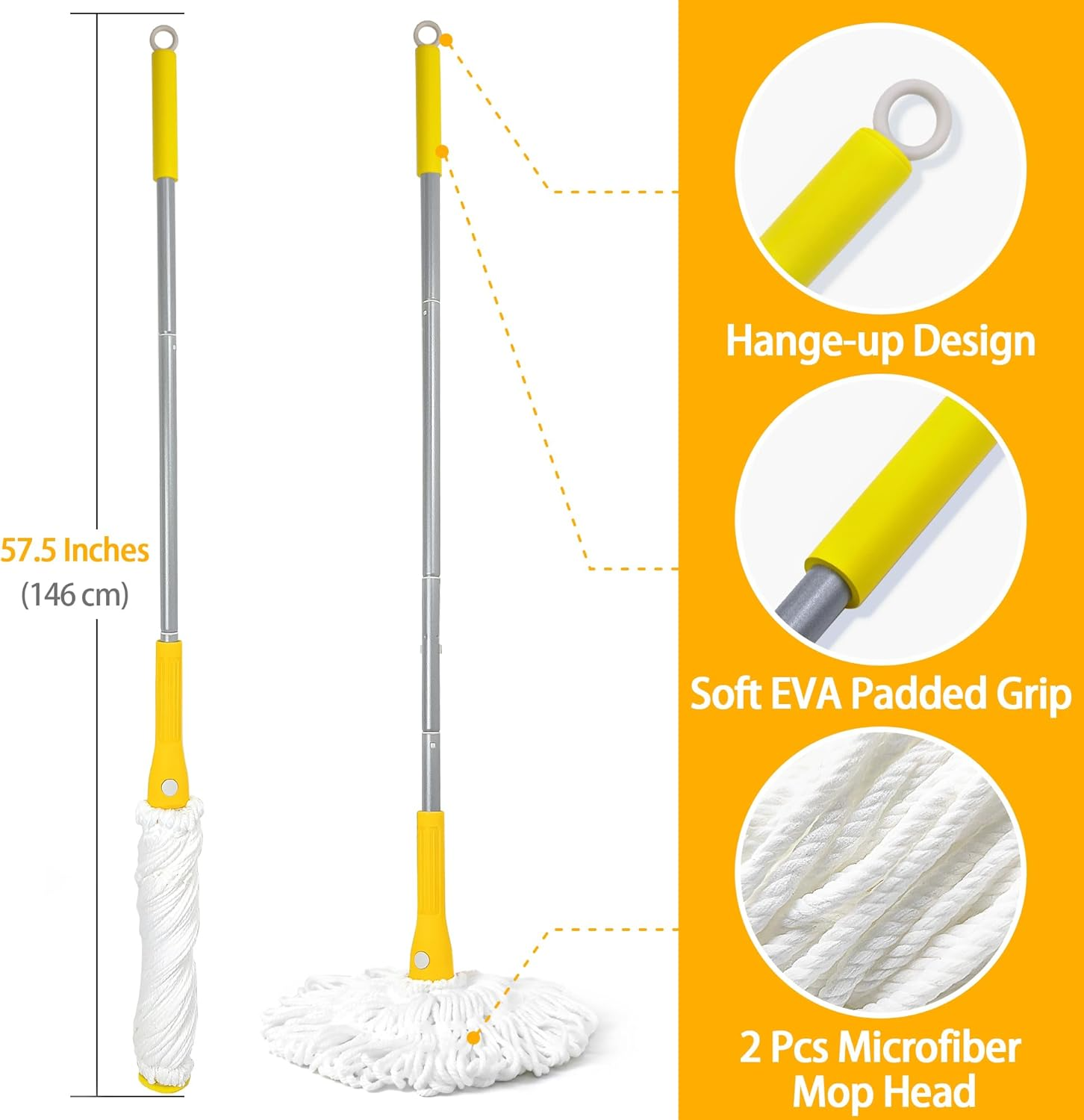 JEHONN Twist Mop with 146 Cm Long Handle, Self Wringing String Mop for Floor Cleaning, Washable Microfiber Mop for Hardwood Vinyl Tile Marble Laminate Home Office Kitchen (Yellow) image number 2