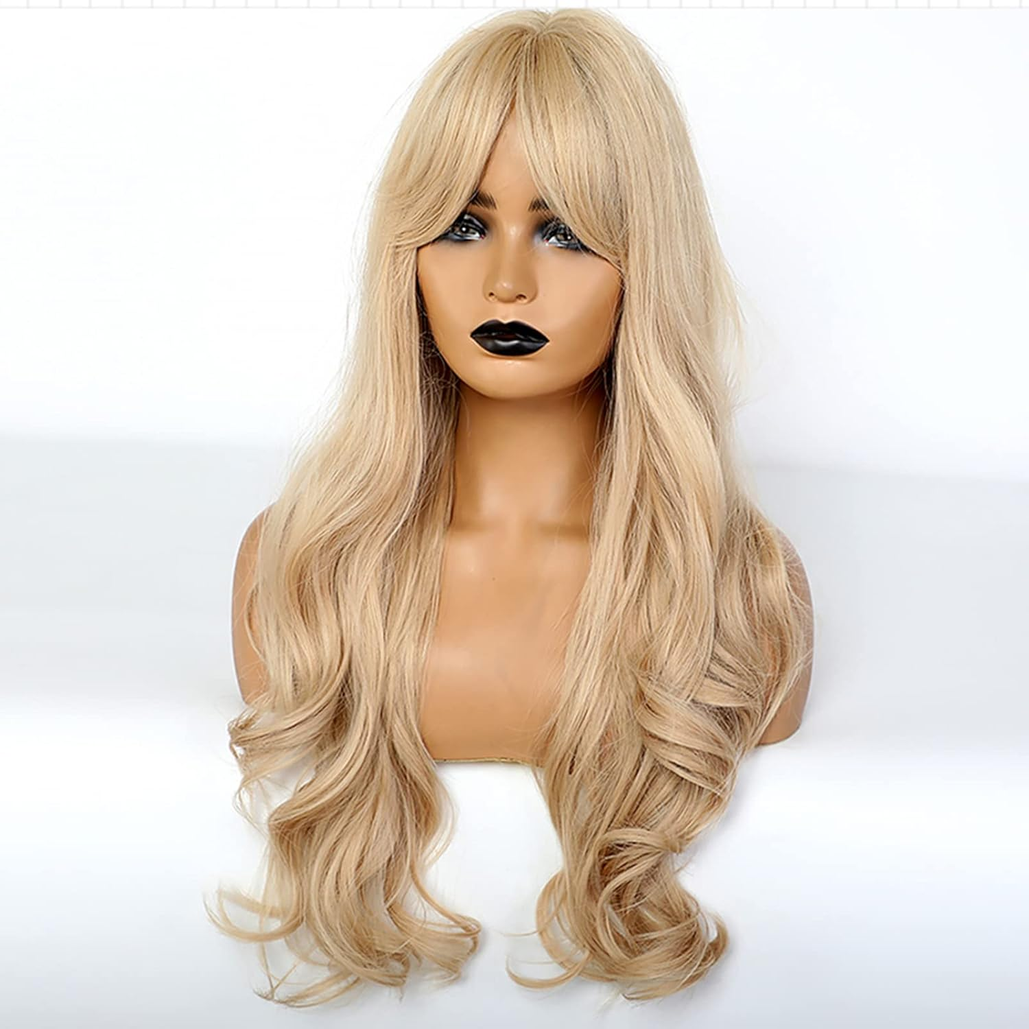 Long Blonde Wavy Wig for Women, 28In Middle Part Curly Wavy Wig Looking Synthetic Heat Resistant Fiber Wig for Daily Party Cosplay, Curly Wig Brown Roots Synthetic Wig image number 3