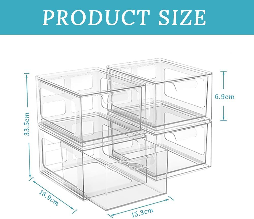 GUDAJIN 4-Pack Stackable Makeup Storage Drawers, Clear Acrylic Drawer Organizers Plastic for Makeup, Office Storage, Art Supplies, Jewelry, Stationery image number 3