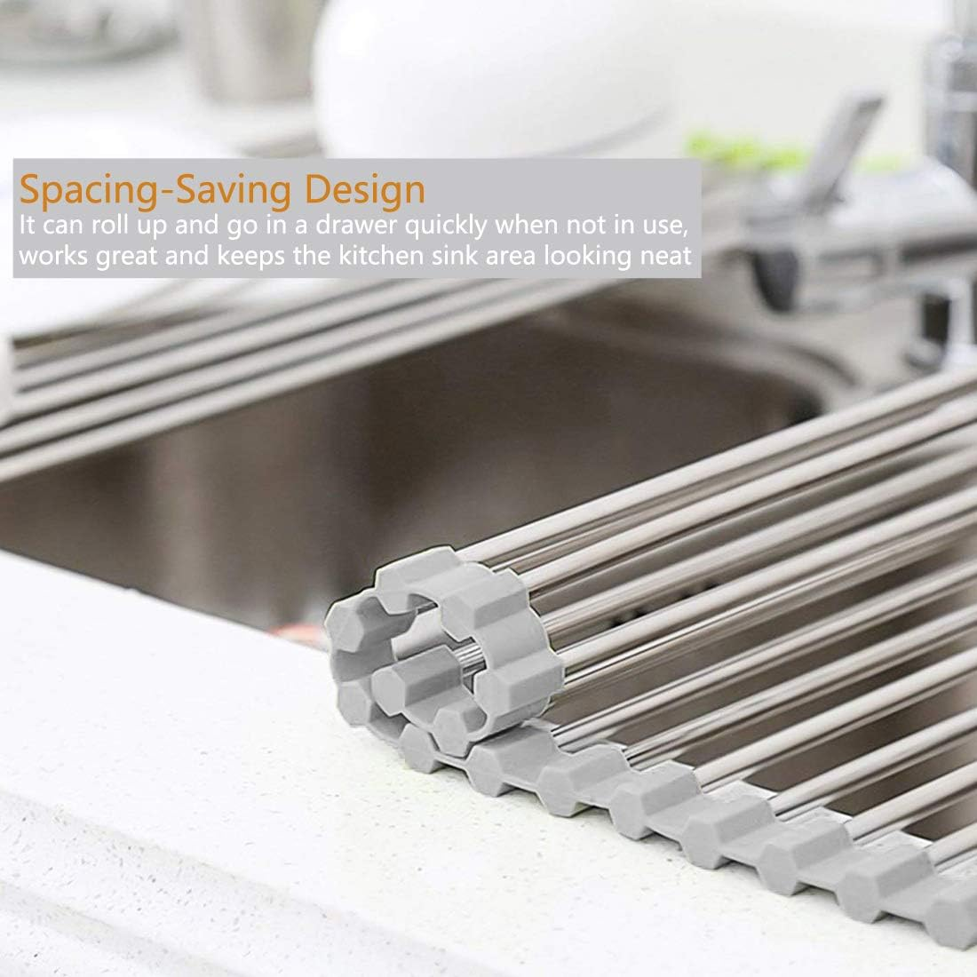 Homexpect over the Sink Dish Drying Rack 17.7 Inches X 16 Inches, 304 Stainless Steel Multipurpose Roll-Up Dish Rack, Foldable, Rollable and Easy to Store, Grey image number 6
