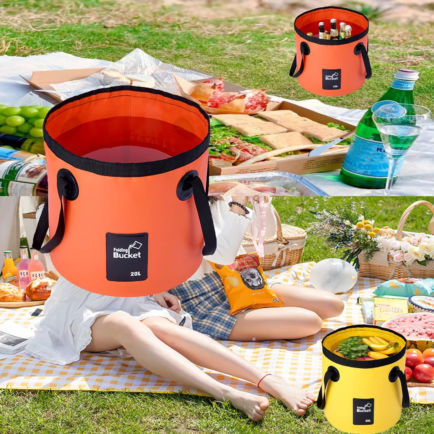 5.2 Gallon Bucket(20L),Collapsible Bucket with Handle, Portable Camping Water Container, Ultra Lightweight Outdoor Basin Fishing Bucket, Folding Bucket for Fishing, Hiking, Car Washing - Pink image number 2